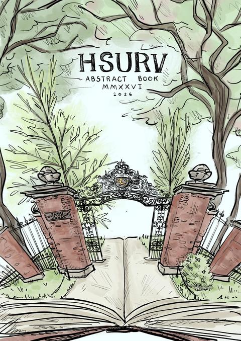 Cover of 2026 Abstract Book showing hand-drawn gates of Winthrop house resting on an open book with green trees framing the scene.